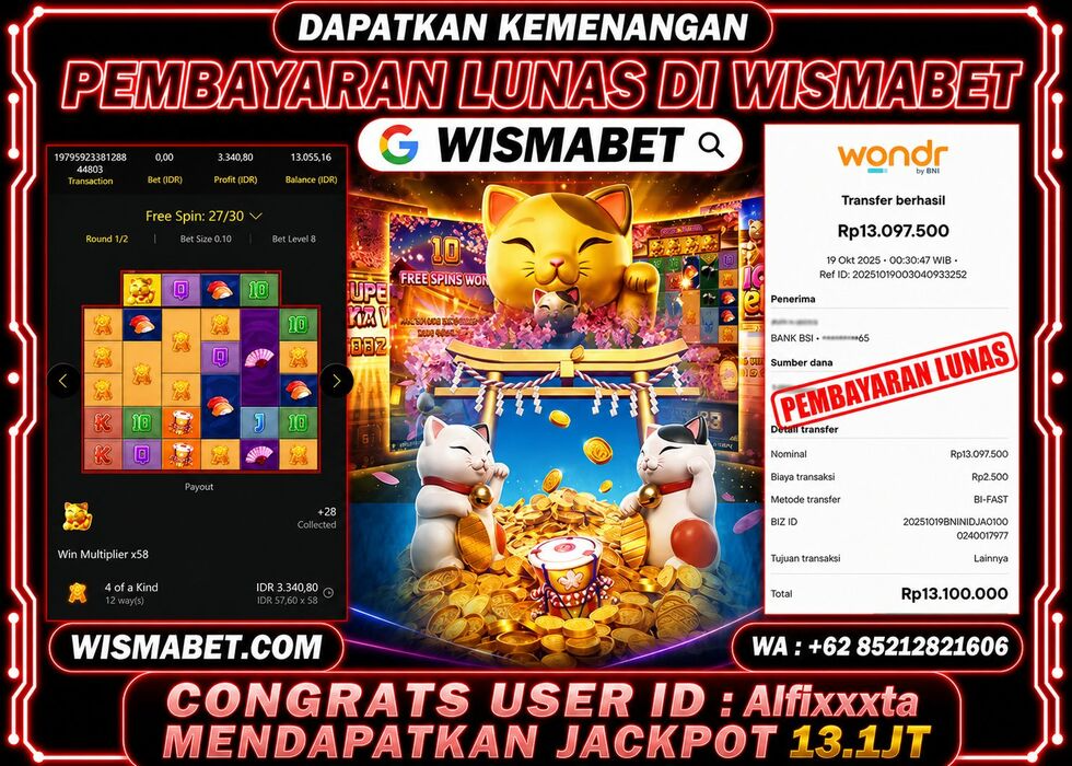 Wismabet - BUKTI KEMENANGAN Lucky Neko Rp13,200,000,- LUNAS